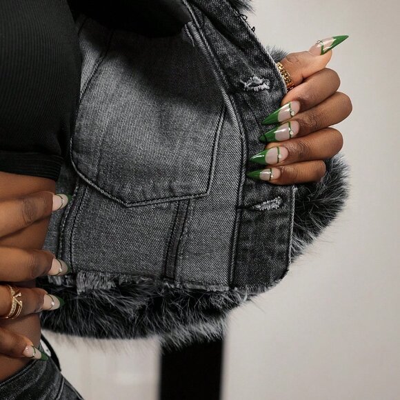 Casual Blue Women's Patchwork Denim Jacket with Faux Fur Collar - Picture 7 of 7